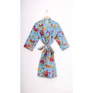 Kimono en coton fait main pour femme, patchwork Kantha, col en V, manches longues, respirant, double couche, poches, ceinture naturelle, été-printemps - Product Image 5
