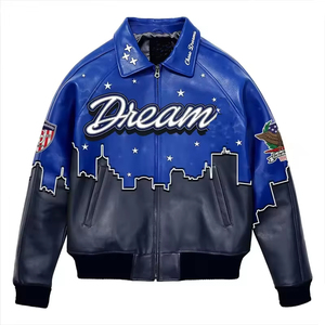 OEM Custom Work <b>Jacket</b> Acid Wash Vintage Oversized Letter Embroidered Rhinestone Varsity <b>Jacket</b> <b>Men</b> with Leather Sleeve - Product Image 1