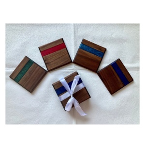 Set of 4 <b>Resin</b> <b>Wood</b> Drink Coasters in Modern Walnut with Unique Holder Perfect <b>for</b> Home Restaurant <b>Table</b> Decor Accessory - Product Image 6