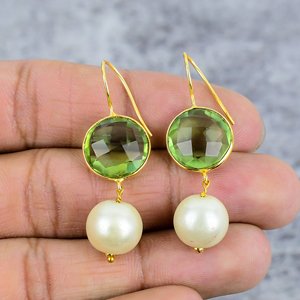 Peridot Quartz & Pearl Round Shape Gemstone Gold Plated 925 Sterling <b>Silver</b> Earring Wire Earrings Gift for Women Wedding Earring - Product Image 2