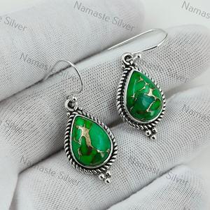 Boucles d'oreilles en argent sterling turquoise, forme poire en cuivre vert, faites à la main, style bohème, pour mariage, fête, bijoux pour femmes - Product Image 4