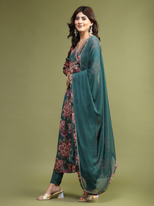 Angrakha con Estampado Floral, Mangas Tres Cuartos, Hecho a Mano, Algodón Puro, Cuello en V, Adorno de Espejos, Kurta de Verano con Pantalones y Dupatta - Product Image 6