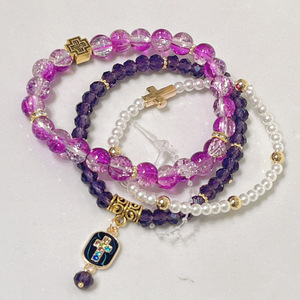 Pink Beaded Rosary <b>Bracelet</b> <b>Set</b> With Pearl And Cross Charm For Women Catholic Religious Jewelry Gift - Product Image 4