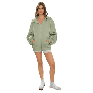 Sudadera con capucha y cremallera verde salvia de gran tamaño para mujer, sudadera informal con manga de globo y hombros caídos de algodón, sudadera con logotipo personalizado - Product Image 6