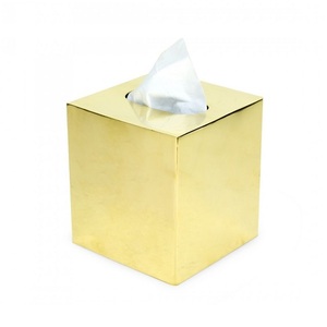 Lujosa caja de pañuelos con logotipo personalizado, soporte con metal y madera hechos a mano, Forma cuadrada recubierta de amarillo para restaurantes y bodas - Product Image 4