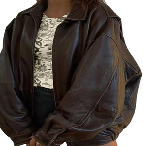 Oversized dark brown <b>leather</b> jacket with a soft sheen and relaxed fit, stylish, available at wholesale prices - Product Image 4
