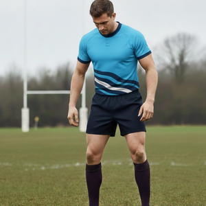 Ensemble de maillot de rugby personnalisé en sublimation bleu clair et bleu marine à vagues |   Maillot de rugby au design dynamique - Product Image 4