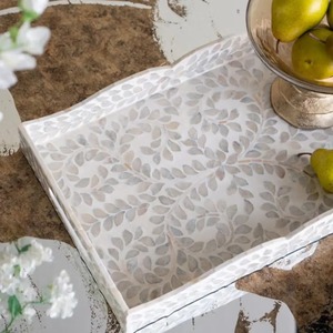 Plateau en nacre fait à la main, plateau de service en incrustation de coquille blanche, plateau rectangulaire décoratif de luxe pour la maison, le salon et l'hôtel - Product Image 5