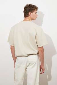 Streetwear pour hommes 100% coton surdimensionné personnalisé GSM T-Shirt qualité supérieure cousu blanc Design Beige - Product Image 4