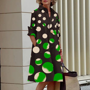 <span class=keywords><strong>2025</strong></span> mùa thu Sản phẩm mới, thời trang và thanh lịch Polka Dot in áo sơ mi-Cổ áo dài tay áo Midi Dress - Product Image 1