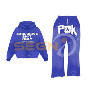 High Street French Terry Acid Wash Sudadera con capucha y pantalones acampanados Jogger Set Puff Printing Logo Etiquetas personalizadas Chándales para hombres - Product Image 3