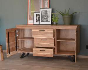 Zen Noir 145 cm Buffet 2 Portes 3 Tiroirs Bois Naturel Métal Moderne pour Salon Salle À Manger Cuisine Salle De Bains Chambre Hôtel Utilisation - Product Image 3