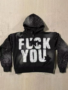 Sweat à capuche oversize personnalisable en coton 100% délavé noir avec fermeture éclair, style streetwear, lettres en strass, haute qualité pour homme - Product Image 3