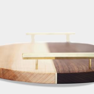 Modern Round Wooden Serving Tray With Two Tone Natural Wood Design Brass Handles Decorative Platter For Home Hotel <b>Gift</b> Use - Product Image 2