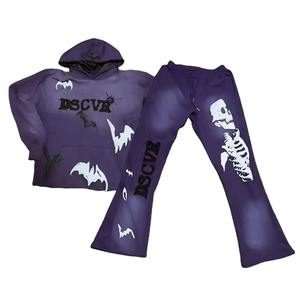 Ensemble de survêtement unisexe avec logo personnalisé, 100% coton, imprimé en relief, délavé à l'acide, sweat-shirt à capuche et pantalon de survêtement évasé, fermeture éclair - Product Image 2