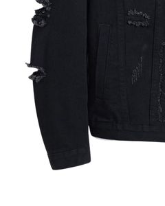 Veste en jean déchirée noire pour homme, délavée, boutonnée, décontractée, streetwear, veste de camionneur en jean pour homme - Product Image 6