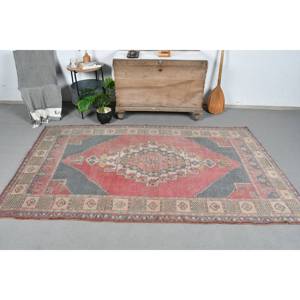 Tapis turc vintage grande surface 4.6x7.8 pieds classique rouge beige motif abstrait laine matériel 10mm Latex pour couloir chambre - Product Image 1