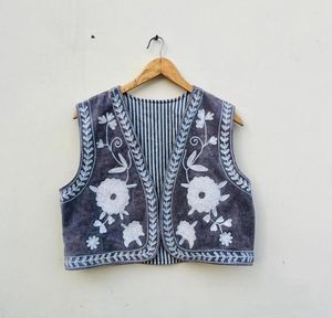 <b>Women's</b> Handcrafted Grey Cotton Sleeveless <b>Vest</b> with <b>White</b> Floral Embroidery Traditional Ethnic Boho Style Winter Jacket - Product Image 1