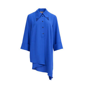 Chic Ladies Poplin <b>Tunic</b> with Floral <b>Embroidered</b> Neckline for Office and Party - Product Image 1