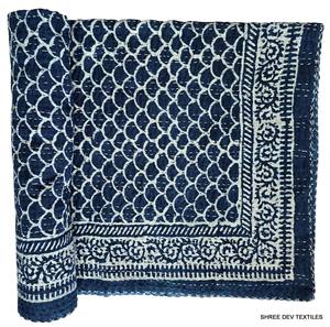 Indigo Handblock Printed <b>Coverlet</b> Bedding Quilt Reversible Kantha Bedcover <b>Bedspread</b> for Home Hotel Use | All Size Available - Product Image 3