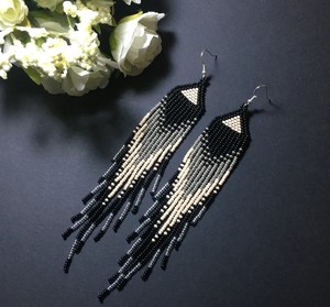 Black Beaded Peacock Fringe <b>Earrings</b>. Black Beige Gray <b>Silver</b> <b>Long</b> Bead <b>Earrings</b> - Product Image 2
