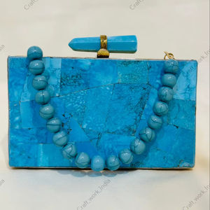 Turquoise Gemstone Mosaic <b>Clutch</b> with Beaded Handle Gold Frame Handmade Luxury Stone <b>Bag</b> <b>for</b> Parties <b>Weddings</b> Events - Product Image 1