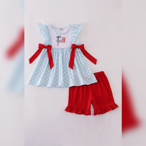 <b>Blue</b> Flag Embroidery Bow <b>Gingham</b> Ruffle Shorts Set Cute Baby Girl Summer Outfit 2pcs Cotton Toddler Ruffles - Product Image 1