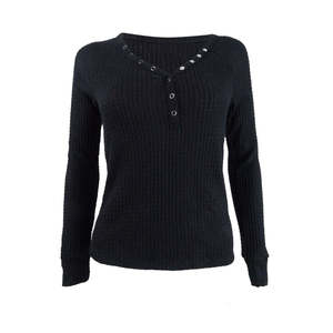 Maglietta Henley in Maglia Waffle Ultra Flirt per Ragazze, Stampa a Righe con Decorazione a Bottoni per la Stagione Primaverile - Nero Taglia Media - Product Image 2