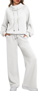 Ensemble de survêtement décontracté deux pièces pour femme : sweat-shirt à col montant et manches longues et pantalon de détente à jambes larges, couleur unie confortable - Product Image 2