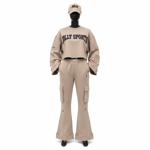 Chándal Premium para Mujer, Felpa de Algodón Cepillado, 280 GSM, Beige, Panel de Costura en Contraste, Logotipo Bordado, Tallas Grandes - Product Image 1