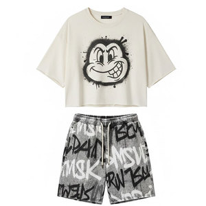 Ensemble décontracté pour homme de qualité supérieure, t-shirt à manches courtes à texture côtelée, short confortable, design minimaliste, vêtements d'été 100% coton - Product Image 1