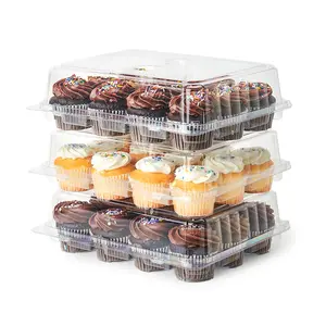 Custom disposable 12 compartment clear plastic cup cake containers with clamshell lid