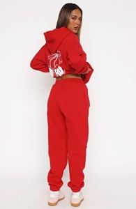 Ensemble de survêtement rouge en molleton pour femme, hiver, uni, brodé, 2 pièces - Product Image 4