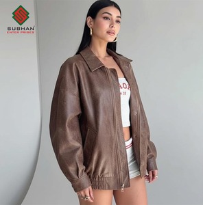 Blouson aviateur oversize en similicuir pour homme et femme, élégant, marron vieilli, manteau d'hiver, fermeture éclair, style vintage décontracté - Product Image 3