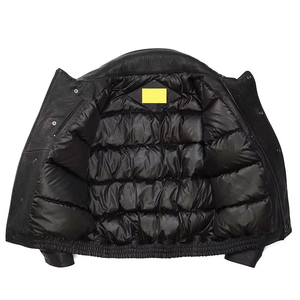 Chaqueta de cuero de bombardero en V negra personalizada de alta calidad para hombres OEM al por mayor con cuello de piel sintética para la temporada de invierno - Product Image 4