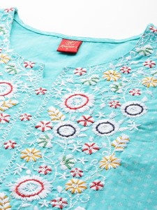 Ensemble Kurta 2 pièces pour femme, longueur genou, manches longues, en coton, avec design floral sur la partie supérieure, orné de paillettes et de broderies élégantes, style ethnique - Product Image 5