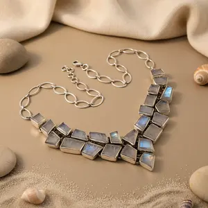 925 Silver Women's Moonstone Necklace Statement Fine Beaded Jewelry - Product Image 1