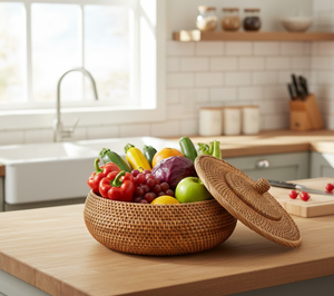 Cesta redonda de mimbre natural tejida a mano con tapa, cesta decorativa ecológica de mimbre para múltiples usos, procedente de Vietnam. - Product Image 6