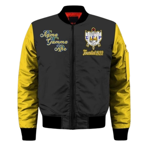 Veste de sororité pour femmes SGRho Sigma Gamma Rho 1922 en satin, style varsity bomber, bleu royal et or, broderie grecque - Product Image 1