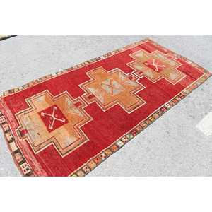 Tapis turc 4,2 x 7,9 pieds, tapis rouge uni en laine - Product Image 1