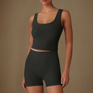 Ensembles d'entraînement assortis pour femmes solide 2 pièces sans couture côtelé soutien-gorge de sport haut court débardeur taille haute Shorts pour une utilisation décontractée Yoga Gym - Product Image 1