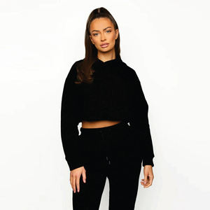 Sweat-shirt à capuche court noir pour femmes, manches longues, pull-over, logo personnalisé, streetwear décontracté, sweat-shirt à capuche pour filles - Product Image 1