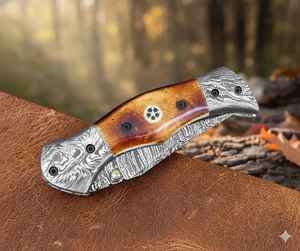 Cuchillos Plegables de Bolsillo Forjados en Acero de Damasco de Alta Calidad con Mango de Hueso de Camello, Cuchillos Personalizados con Funda - Product Image 6