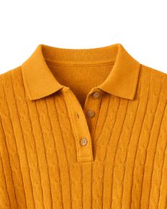 Suéter Corto de Punto Trenzado Color Amarillo Mostaza Personalizado para Mujer, Manga Larga, Cuello con Botones, Dobladillo Acanalado, Prenda de Punto Informal para Invierno - Product Image 5