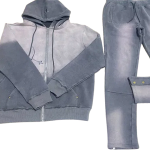 Ensemble survêtement gris délavé à l'acide avec fermeture éclair pour homme, veste en molleton vintage, pantalon de survêtement, tenue décontractée streetwear d'hiver - Product Image 4