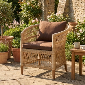 Fauteuil en rotin tressé naturel, fauteuil d'appoint en forme de tonneau avec coussin marron, chaise de jardin d'extérieur, décoration d'intérieur, design artistique pur - Product Image 5