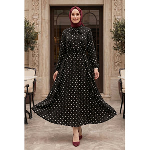 Vestido de lunares estilo modesto con cuello tipo bufanda, transpirable, tallas XS-XL, con cremallera decorativa, sin tirantes, para el día a día y festividades, con aberturas, color negro. - Product Image 1