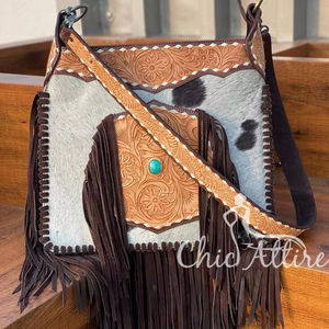 New Western Stylish Hand Tooled Cowhide Fur Leather <b>Fringe</b> Bag Fashionable High Quality Women Unique Stone Concealed Carry Purse - Product Image 1