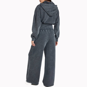 Ensemble sweat à capuche zippé délavé et pantalon de survêtement coupe décontractée pour femme, taille élastique, vêtements de détente pour la fabrication de vêtements en gros - Product Image 2