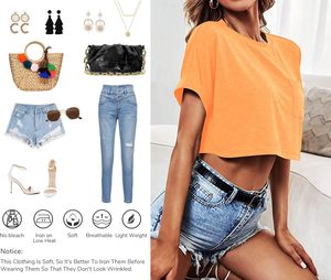 Femmes Crop Tops Manches Courtes Col Ras Du Cou Recadrée T-shirt Casual Été Couleur Unie Lâche T-shirts De Base Avec Poches - Product Image 3